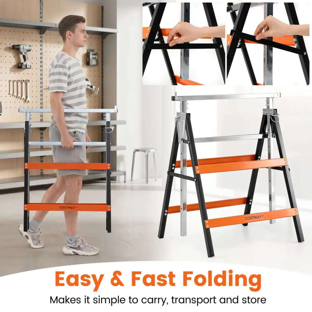 2 Pack Heavy Duty Metal Folding Saw Horses with Adjustable Height-Orange - Orange - Garages