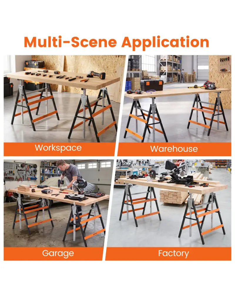 2 Pack Heavy Duty Metal Folding Saw Horses with Adjustable Height-Orange - Orange - Garages