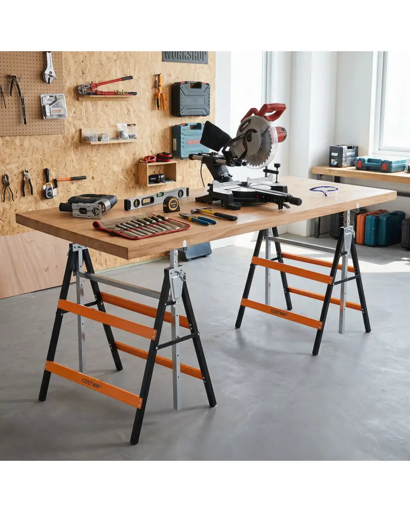 2 Pack Heavy Duty Metal Folding Saw Horses with Adjustable Height-Orange - Orange - Garages