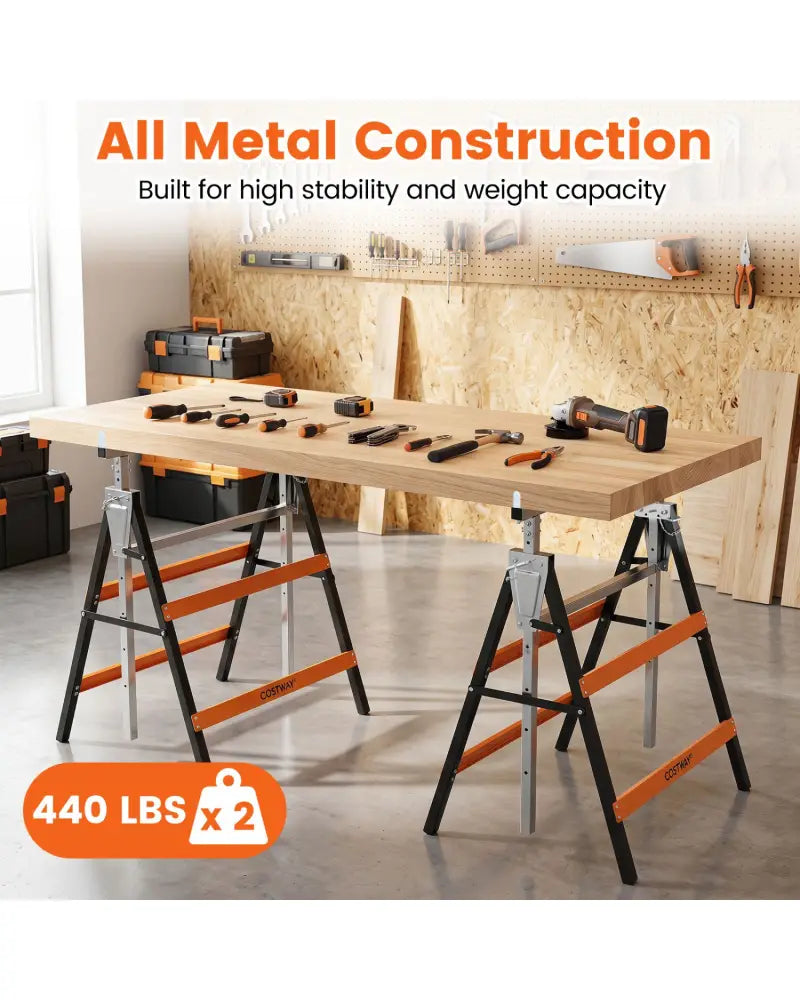 2 Pack Heavy Duty Metal Folding Saw Horses with Adjustable Height-Orange - Orange - Garages