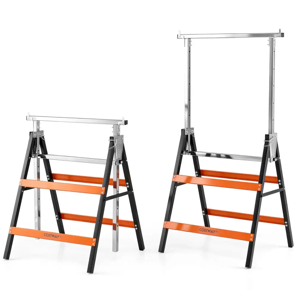 2 Pack Heavy Duty Metal Folding Saw Horses with Adjustable Height-Orange - Orange - Garages