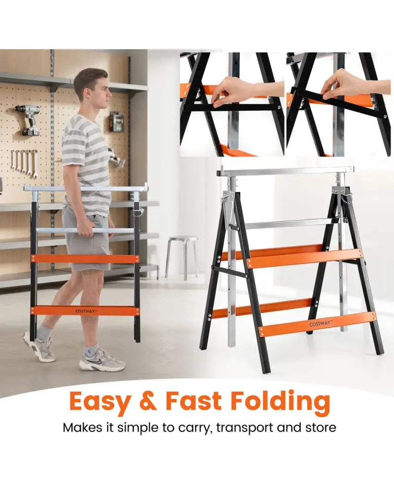 2 Pack Heavy Duty Metal Folding Saw Horses with Adjustable Height-Orange - Orange - Garages