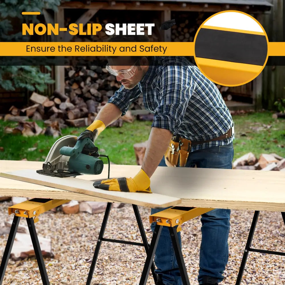 2 Pack Heavy Duty Sawhorse with Steel Folding Legs - Yellow - Garages
