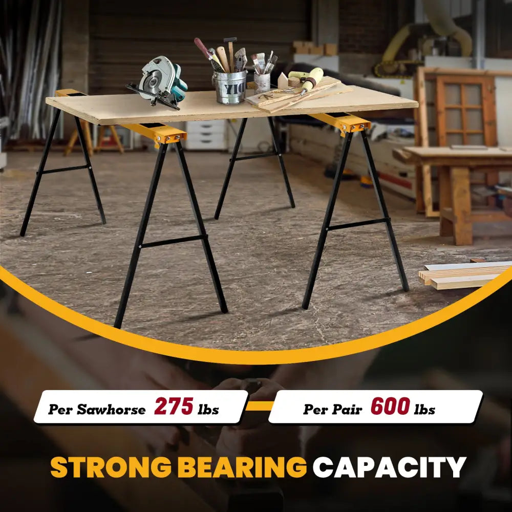2 Pack Heavy Duty Sawhorse with Steel Folding Legs - Yellow - Garages