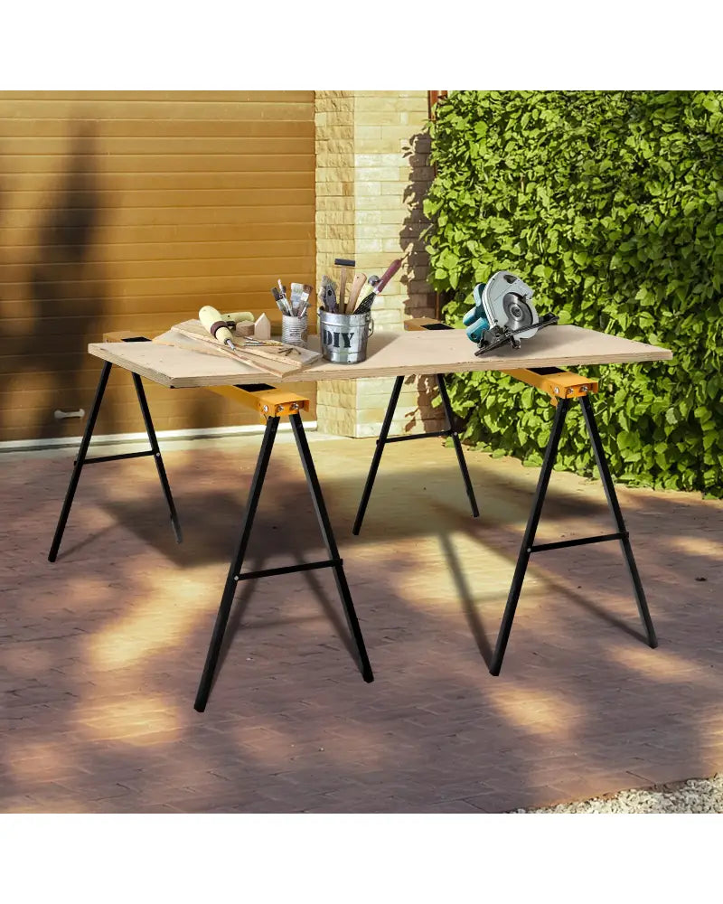 2 Pack Heavy Duty Sawhorse with Steel Folding Legs - Yellow - Garages