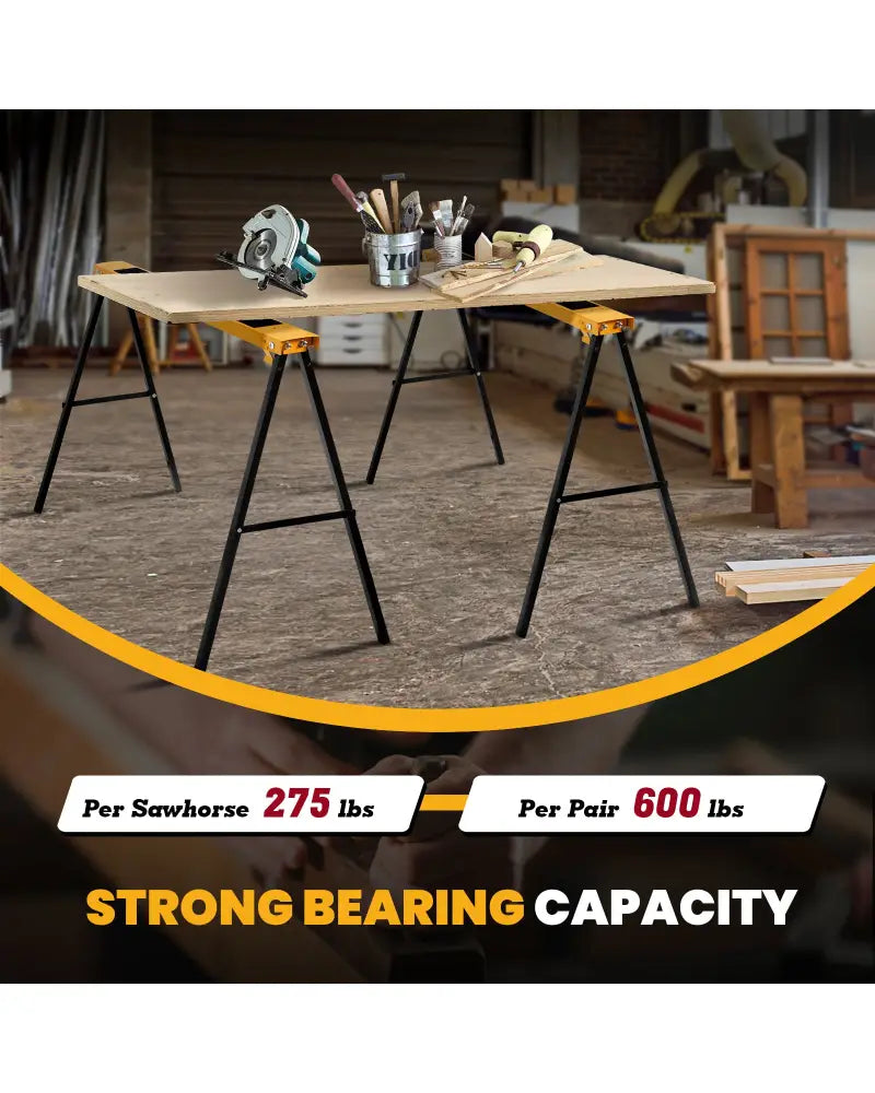 2 Pack Heavy Duty Sawhorse with Steel Folding Legs - Yellow - Garages