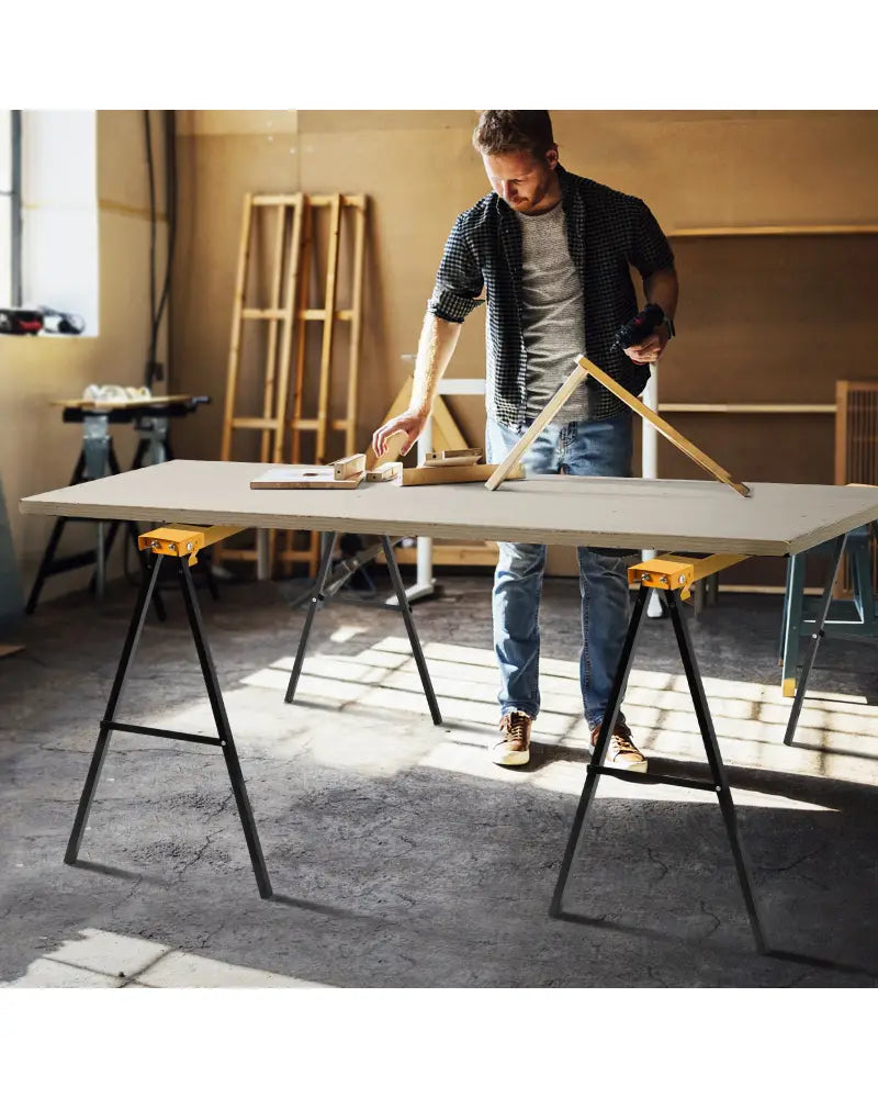 2 Pack Heavy Duty Sawhorse with Steel Folding Legs - Yellow - Garages