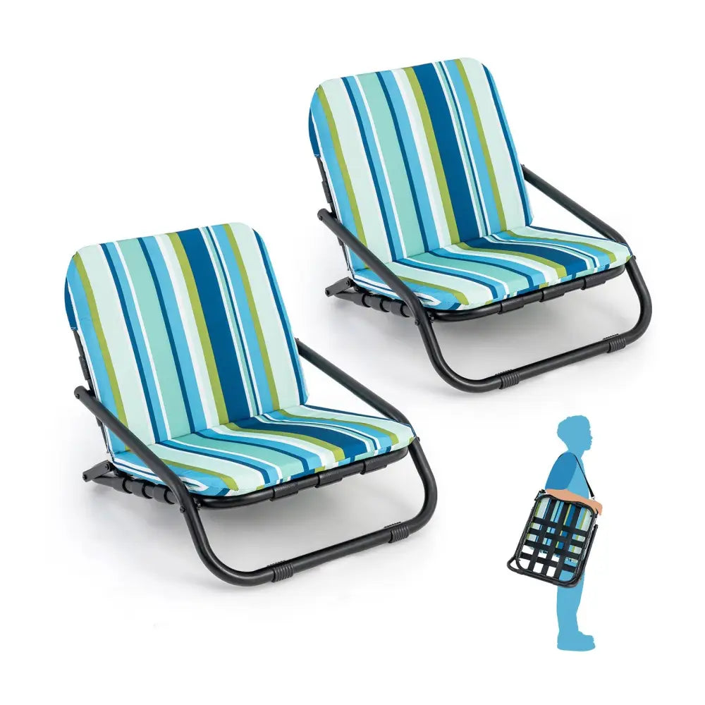 2 Pack Low Folding Beach Chairs for Adults with Cushion-Blue - Blue - Beach & Lawn Chairs