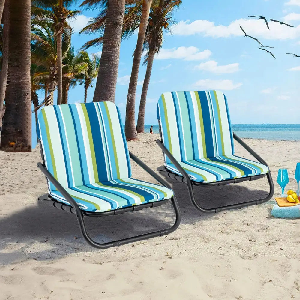 2 Pack Low Folding Beach Chairs for Adults with Cushion-Blue - Blue - Beach & Lawn Chairs
