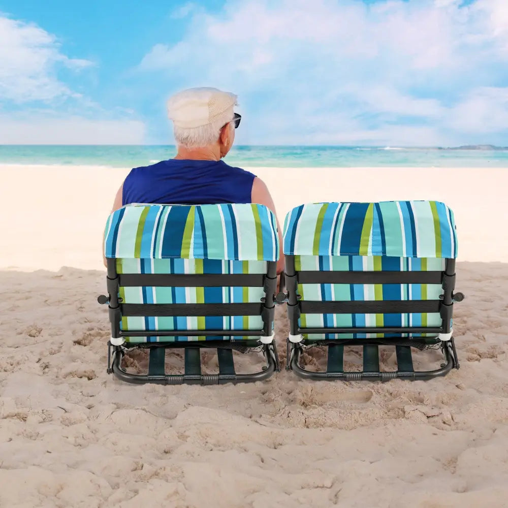 2 Pack Low Folding Beach Chairs for Adults with Cushion-Blue - Blue - Beach & Lawn Chairs