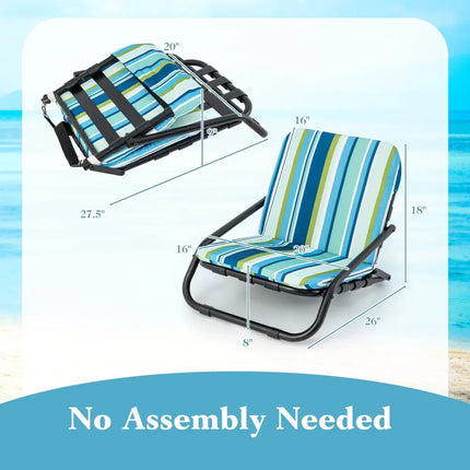 2 Pack Low Folding Beach Chairs for Adults with Cushion-Blue - Blue - Beach & Lawn Chairs