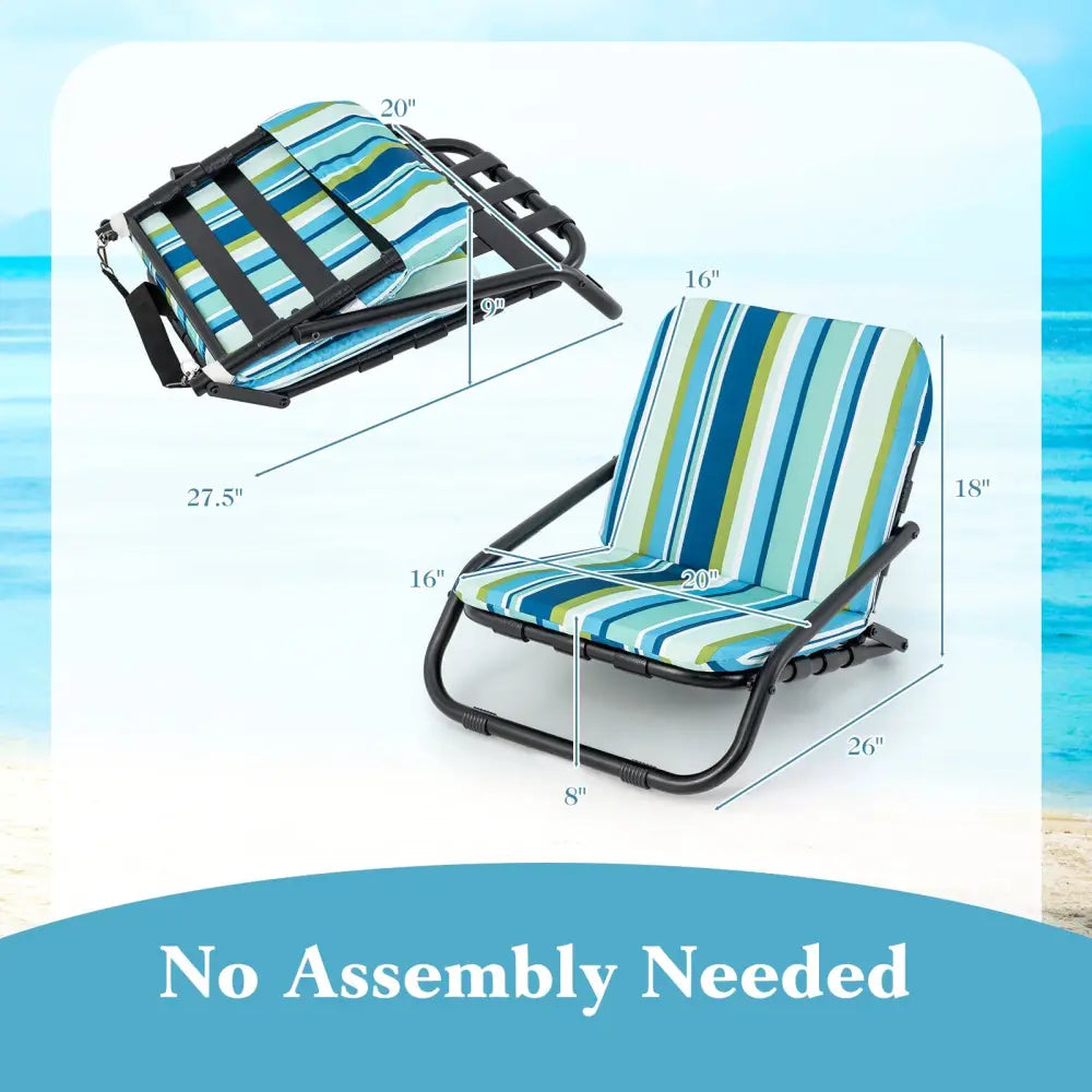 2 Pack Low Folding Beach Chairs for Adults with Cushion-Blue - Blue - Beach & Lawn Chairs