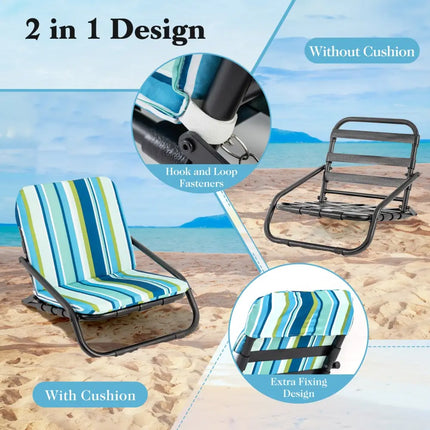 2 Pack Low Folding Beach Chairs for Adults with Cushion-Blue - Blue - Beach & Lawn Chairs