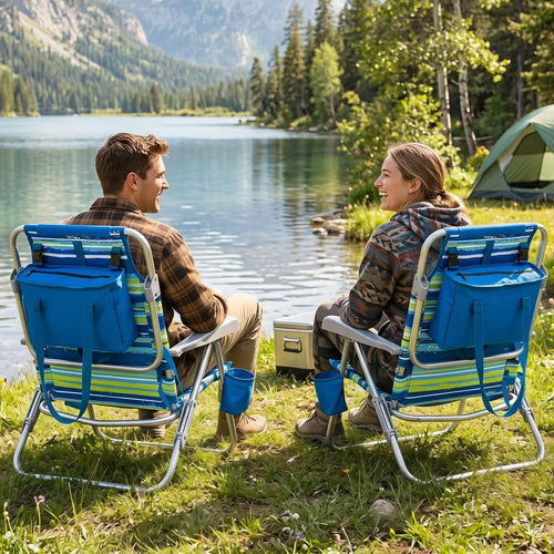 2 Pack Portable Folding Beach Chair with 7-Position Backrest-Blue - Blue - Beach & Lawn Chairs