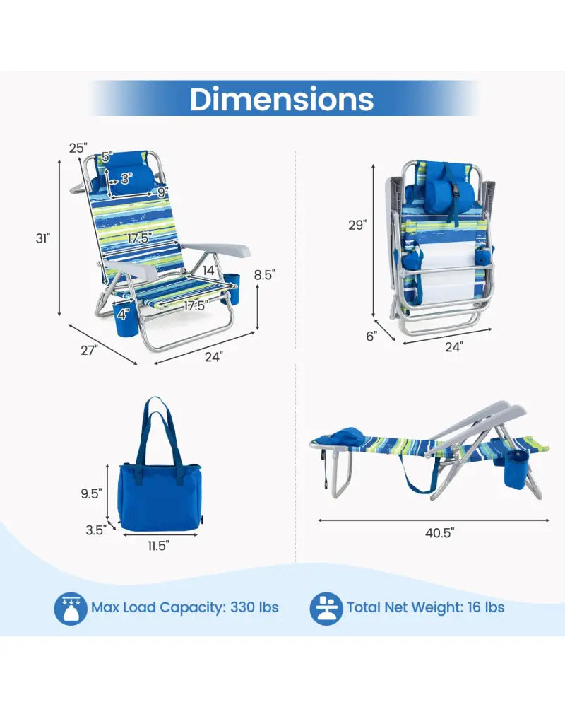 2 Pack Portable Folding Beach Chair with 7-Position Backrest-Blue - Blue - Beach & Lawn Chairs