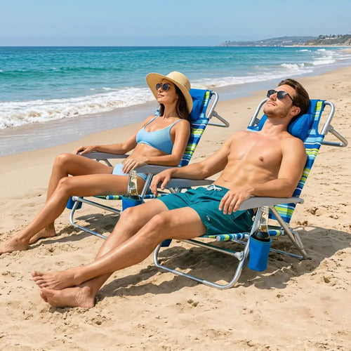 2 Pack Portable Folding Beach Chair with 7-Position Backrest-Blue - Blue - Beach & Lawn Chairs