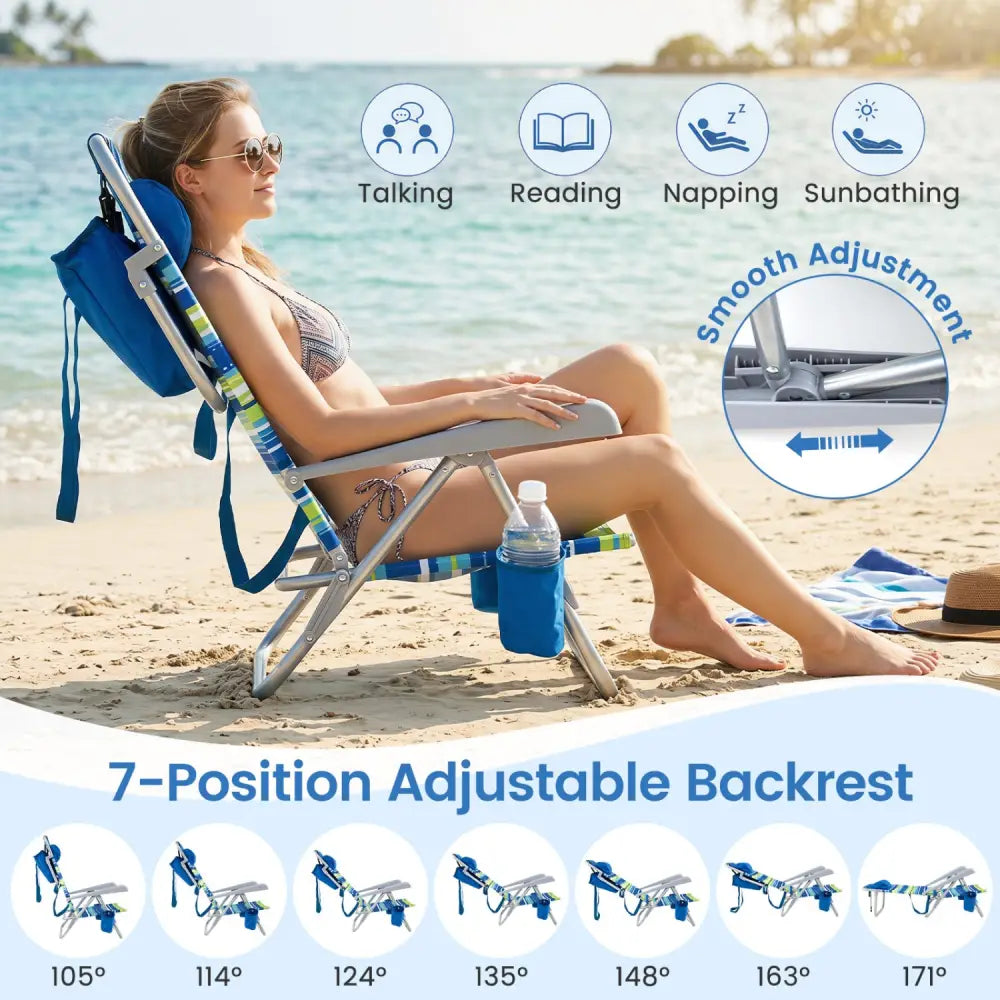 2 Pack Portable Folding Beach Chair with 7-Position Backrest-Blue - Blue - Beach & Lawn Chairs