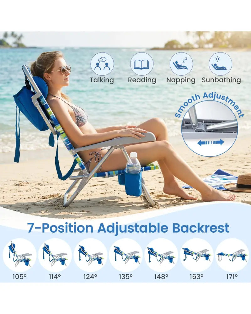 2 Pack Portable Folding Beach Chair with 7-Position Backrest-Blue - Blue - Beach & Lawn Chairs