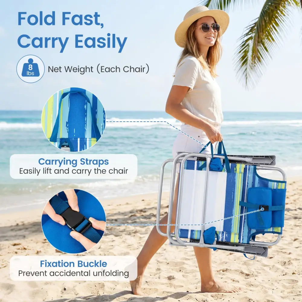 2 Pack Portable Folding Beach Chair with 7-Position Backrest-Blue - Blue - Beach & Lawn Chairs