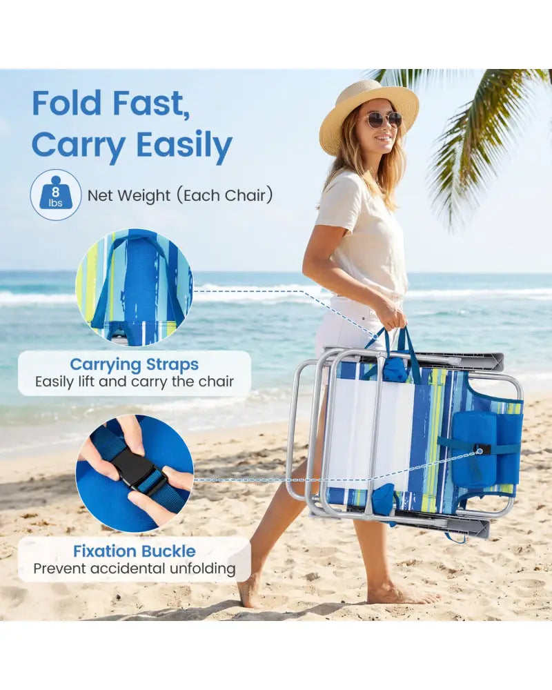 2 Pack Portable Folding Beach Chair with 7-Position Backrest-Blue - Blue - Beach & Lawn Chairs