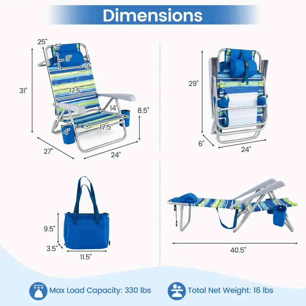 2 Pack Portable Folding Beach Chair with 7-Position Backrest-Blue - Blue - Beach & Lawn Chairs