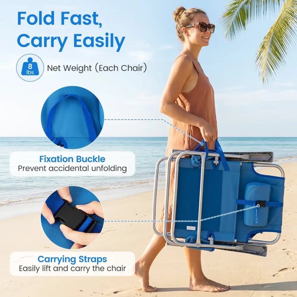 2 Pack Portable Folding Beach Chair with 7-Position Backrest-Navy - Navy - Beach & Lawn Chairs