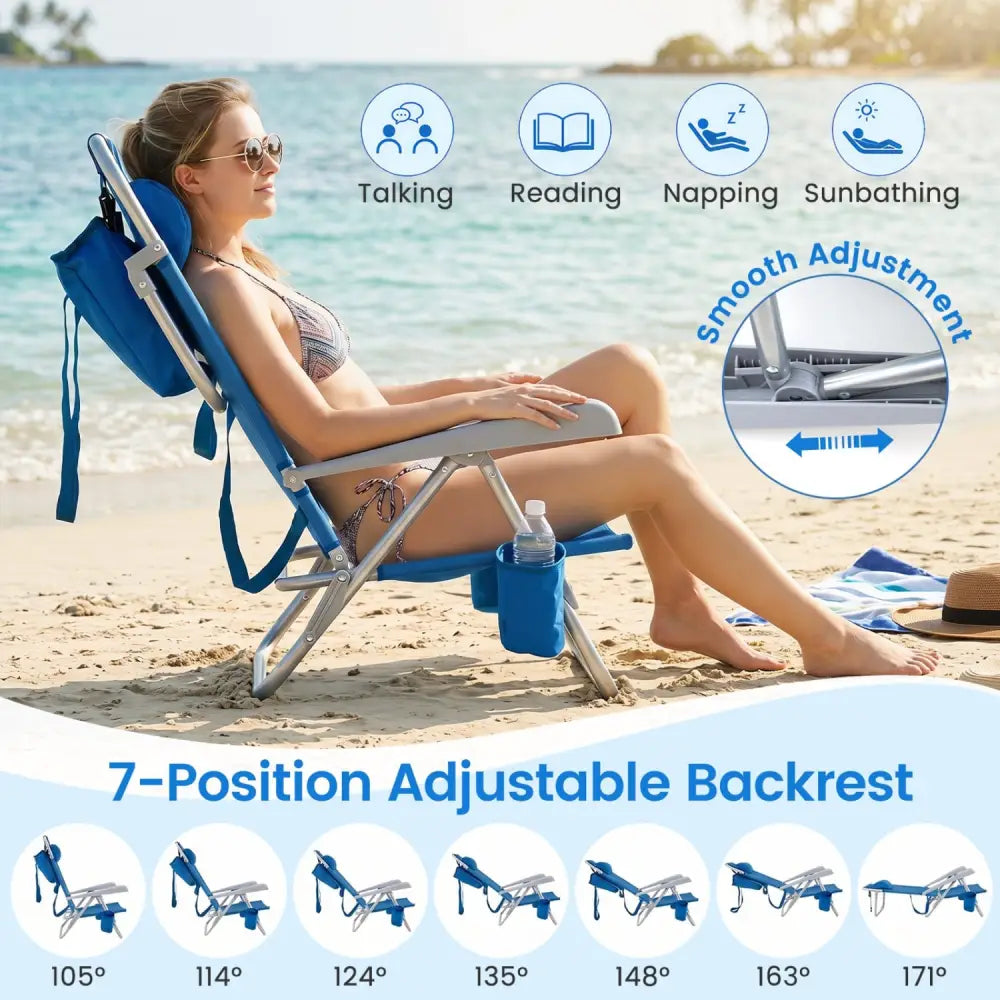 2 Pack Portable Folding Beach Chair with 7-Position Backrest-Navy - Navy - Beach & Lawn Chairs