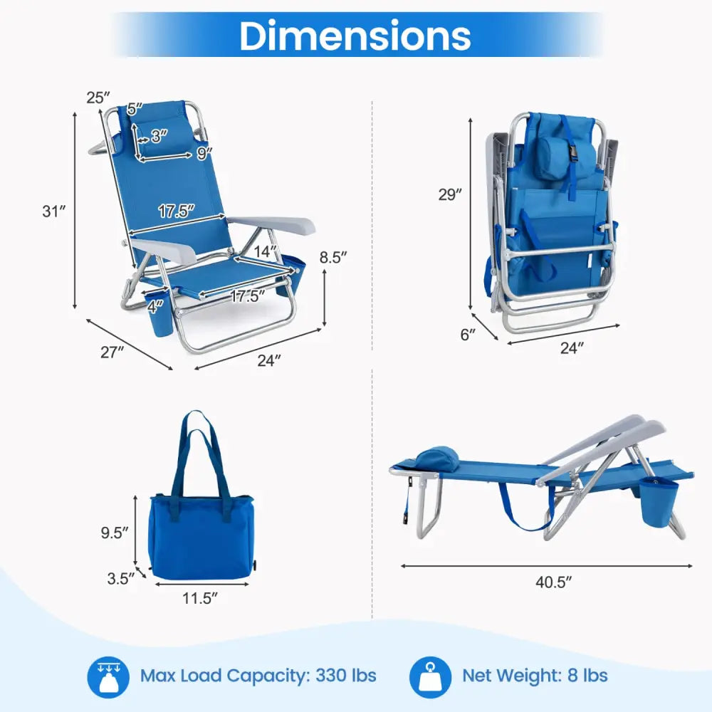 2 Pack Portable Folding Beach Chair with 7-Position Backrest-Navy - Navy - Beach & Lawn Chairs
