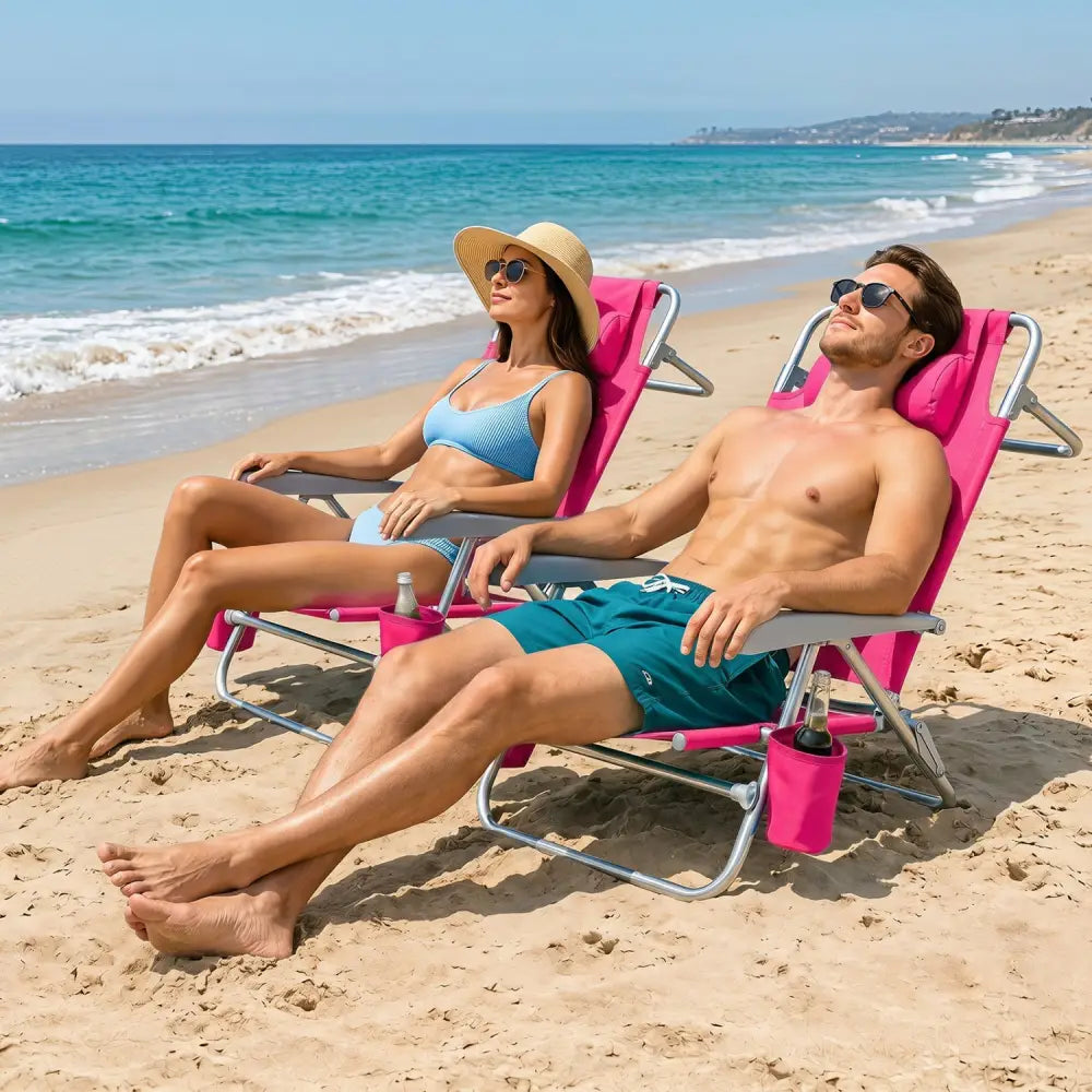 2 Pack Portable Folding Beach Chair with 7-Position Backrest-Pink - Pink - Beach & Lawn Chairs
