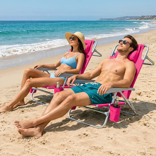 2 Pack Portable Folding Beach Chair with 7-Position Backrest-Pink - Pink - Beach & Lawn Chairs