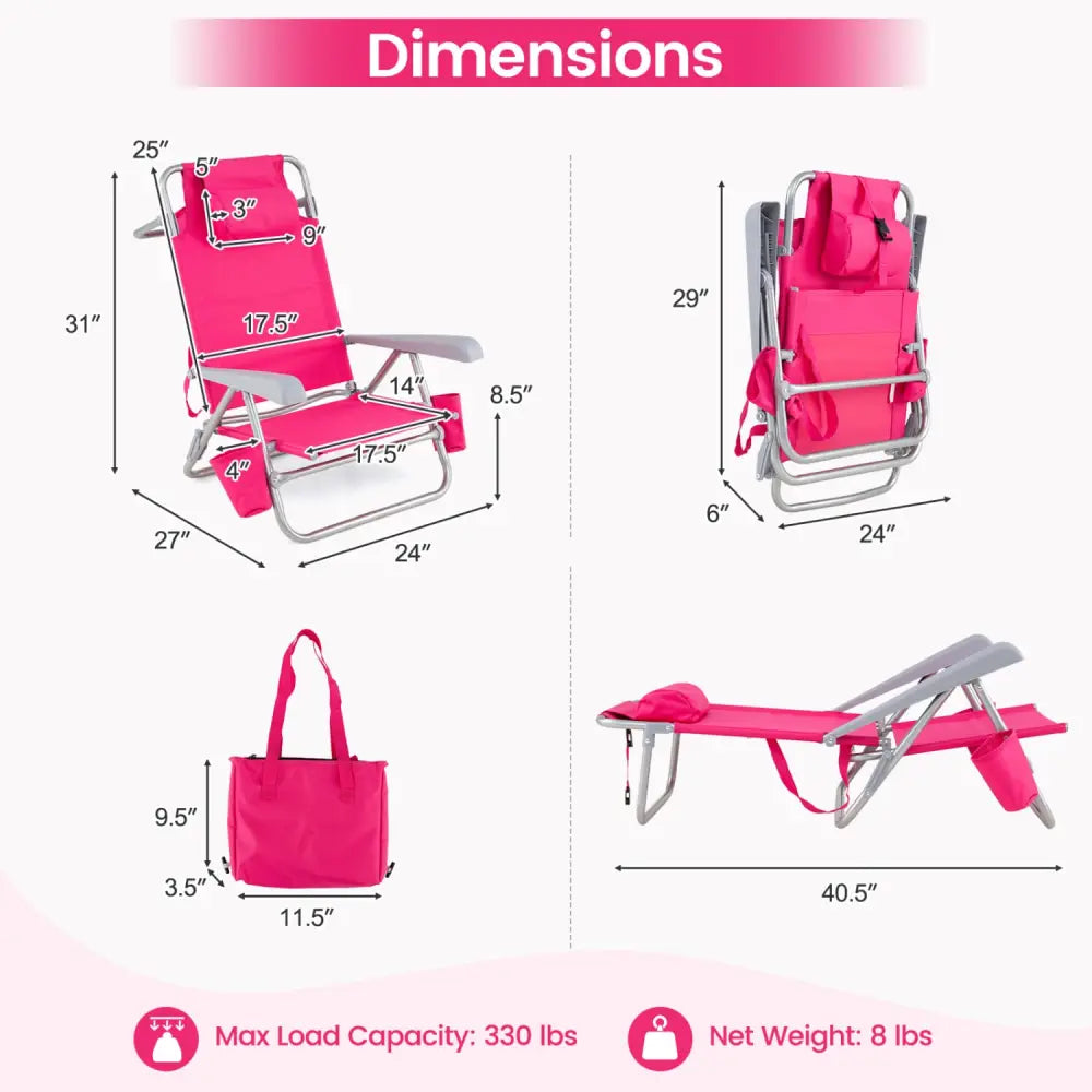 2 Pack Portable Folding Beach Chair with 7-Position Backrest-Pink - Pink - Beach & Lawn Chairs