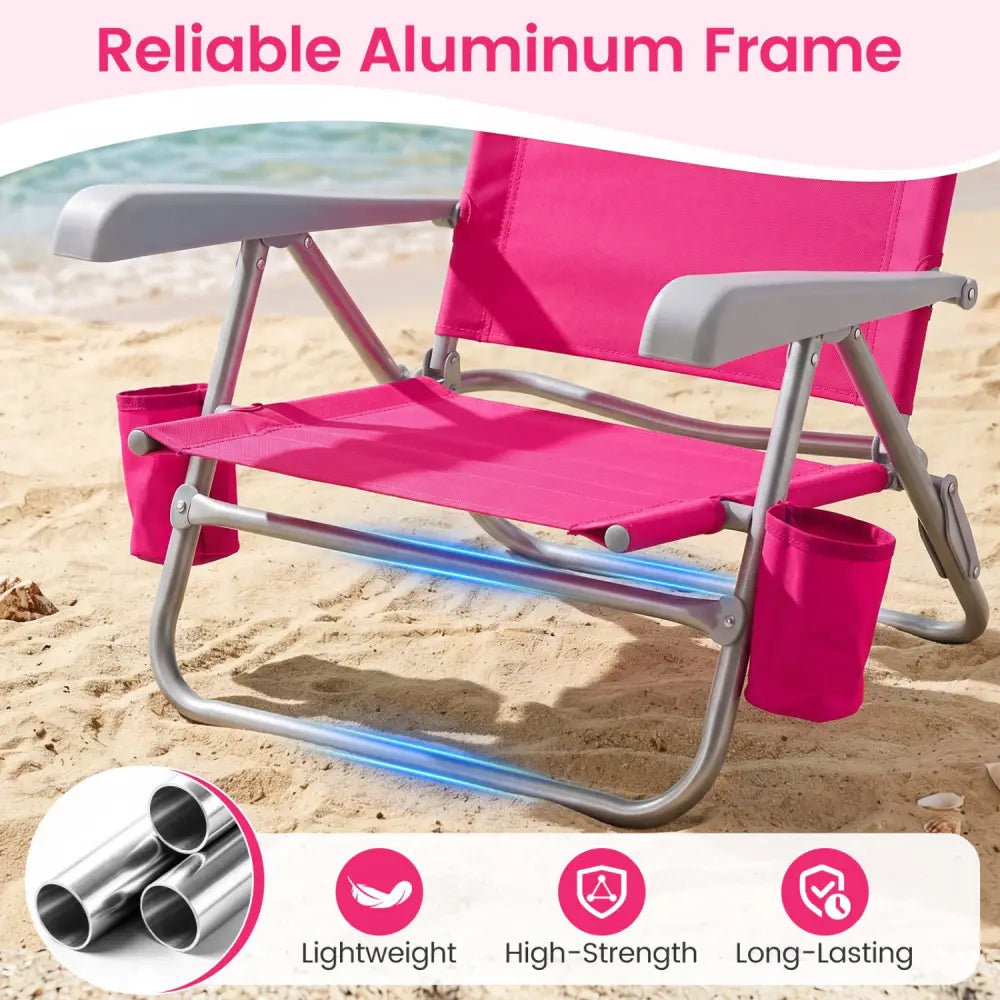 2 Pack Portable Folding Beach Chair with 7-Position Backrest-Pink - Pink - Beach & Lawn Chairs
