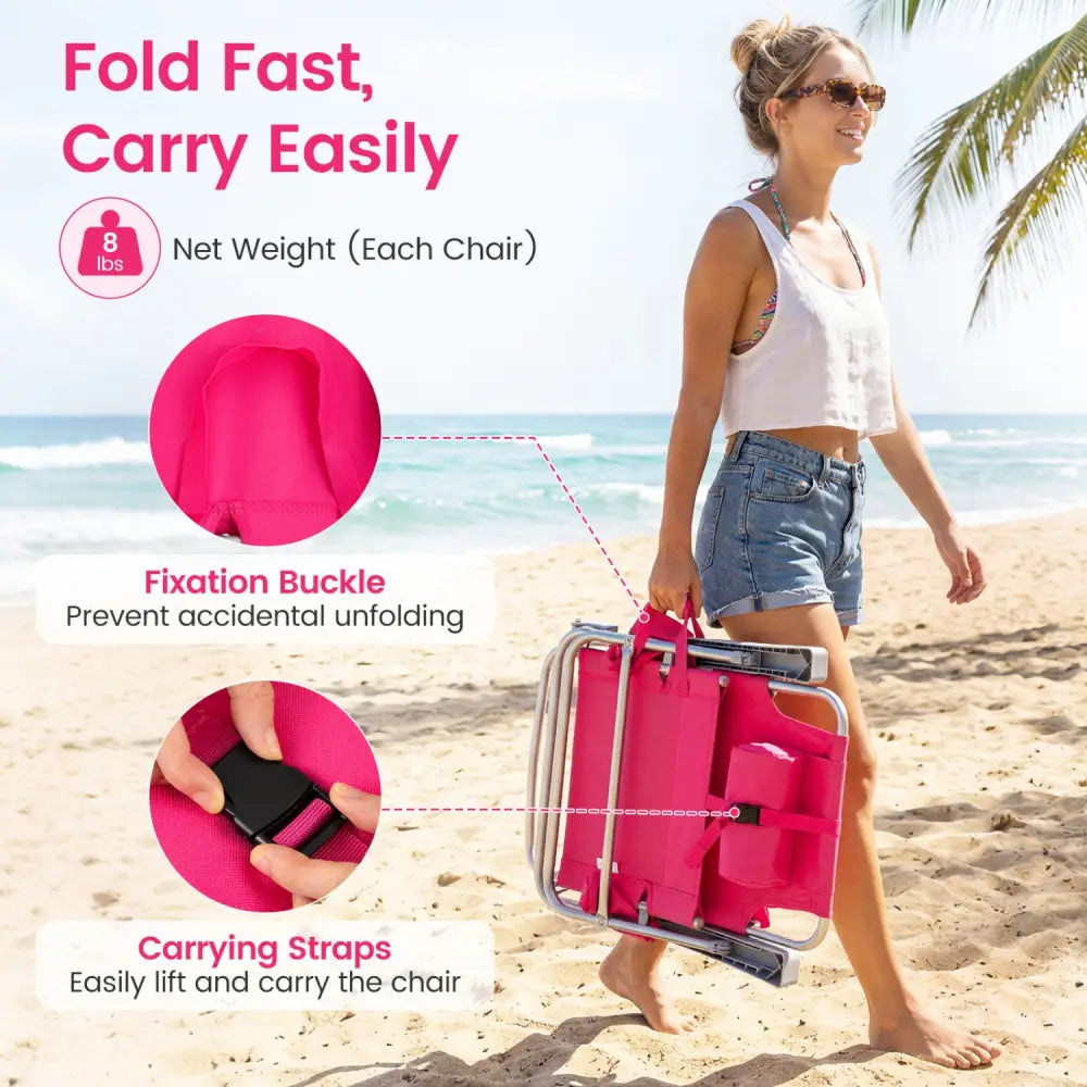 2 Pack Portable Folding Beach Chair with 7-Position Backrest-Pink - Pink - Beach & Lawn Chairs