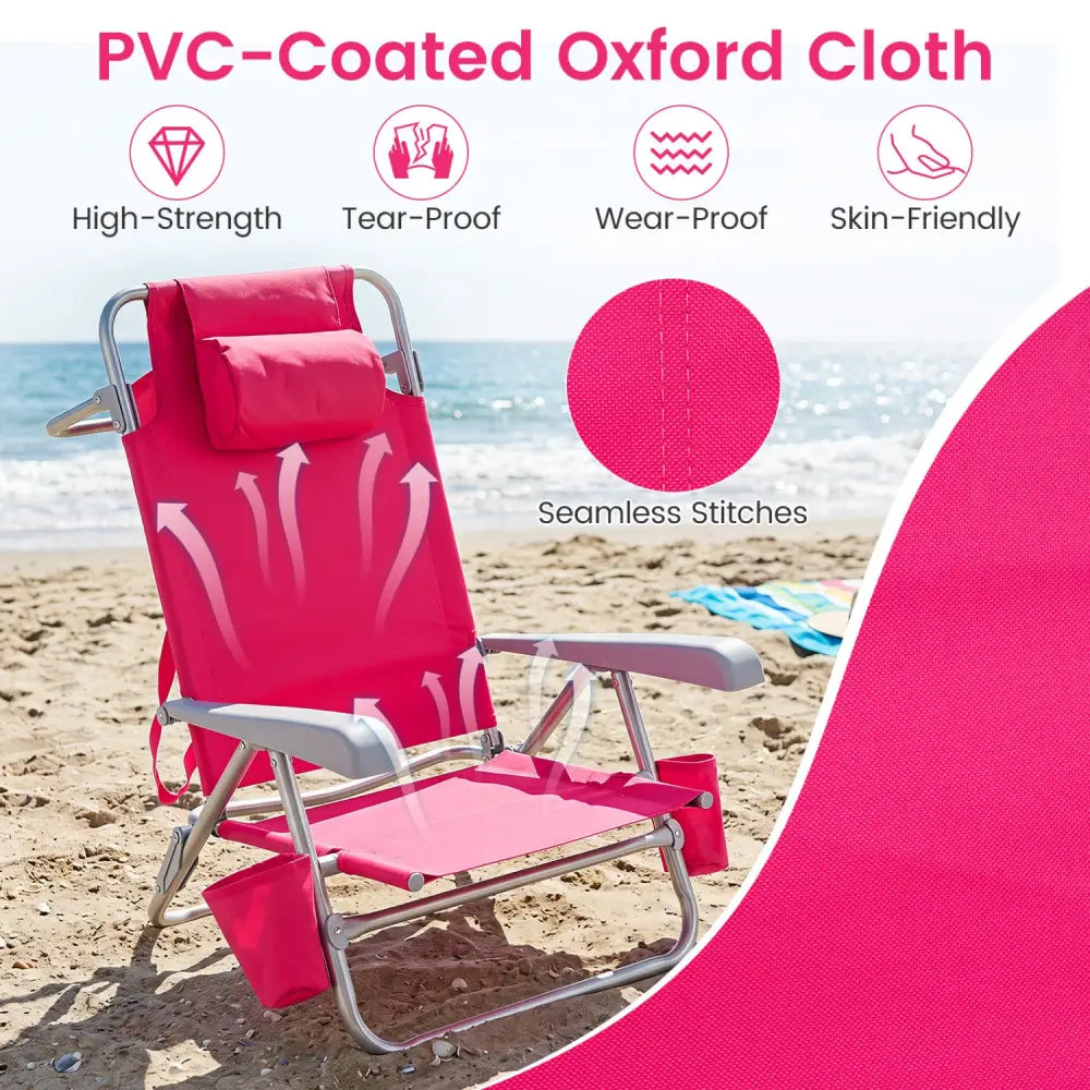 2 Pack Portable Folding Beach Chair with 7-Position Backrest-Pink - Pink - Beach & Lawn Chairs
