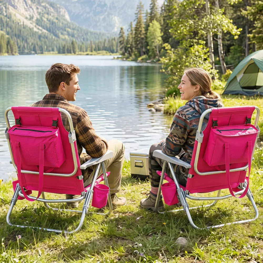 2 Pack Portable Folding Beach Chair with 7-Position Backrest-Pink - Pink - Beach & Lawn Chairs