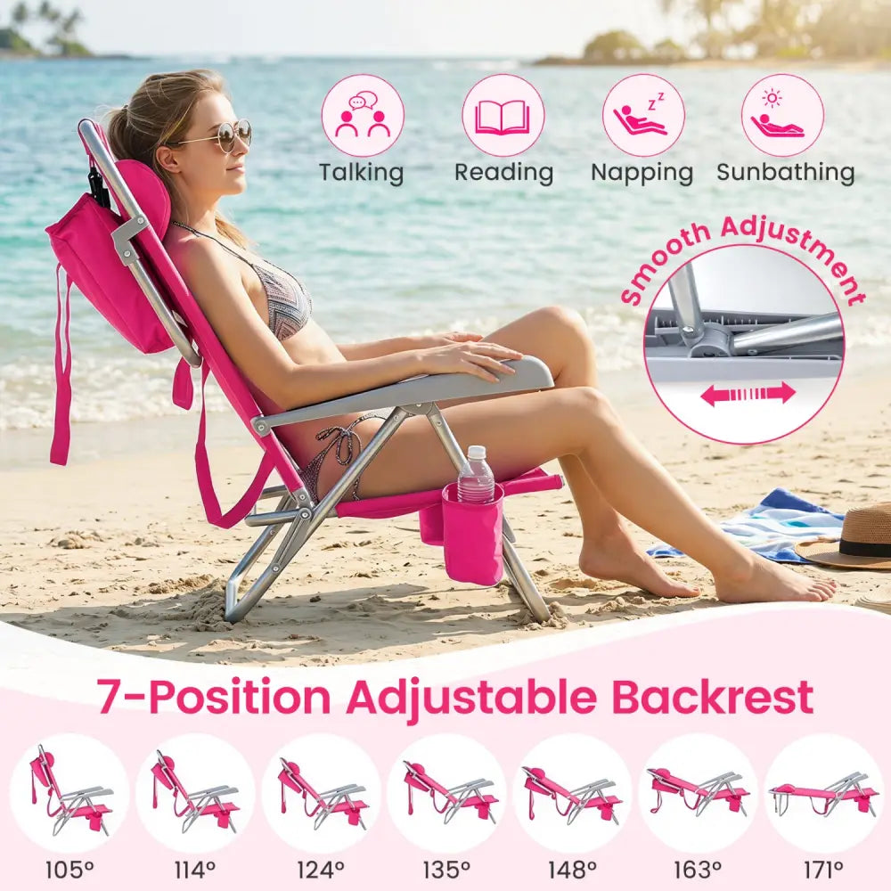 2 Pack Portable Folding Beach Chair with 7-Position Backrest-Pink - Pink - Beach & Lawn Chairs