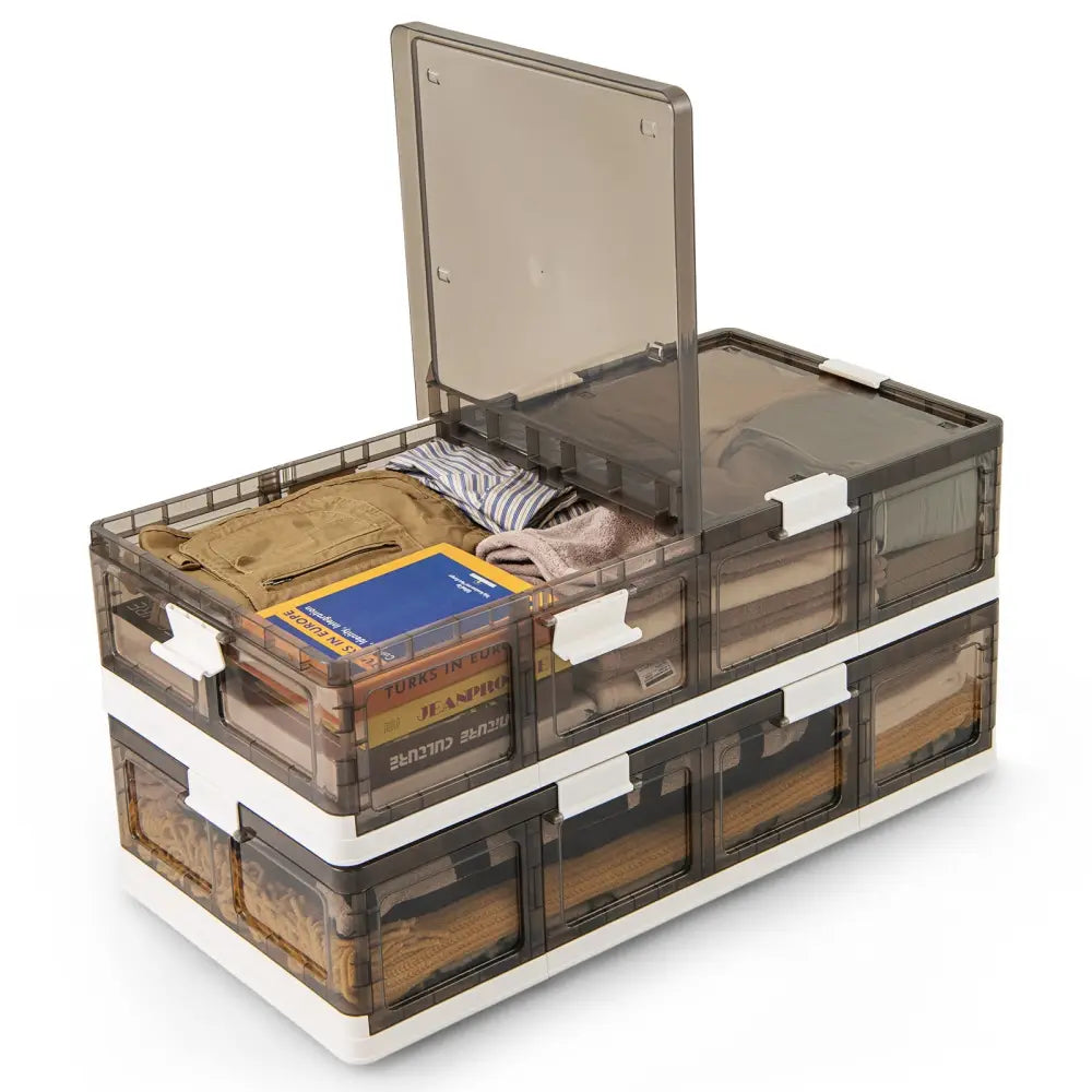Stackable storage bins with transparent lid and wooden sides on a white background
