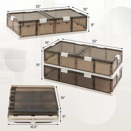 Brown storage bins with clear lids and dimensions labeled on a white background