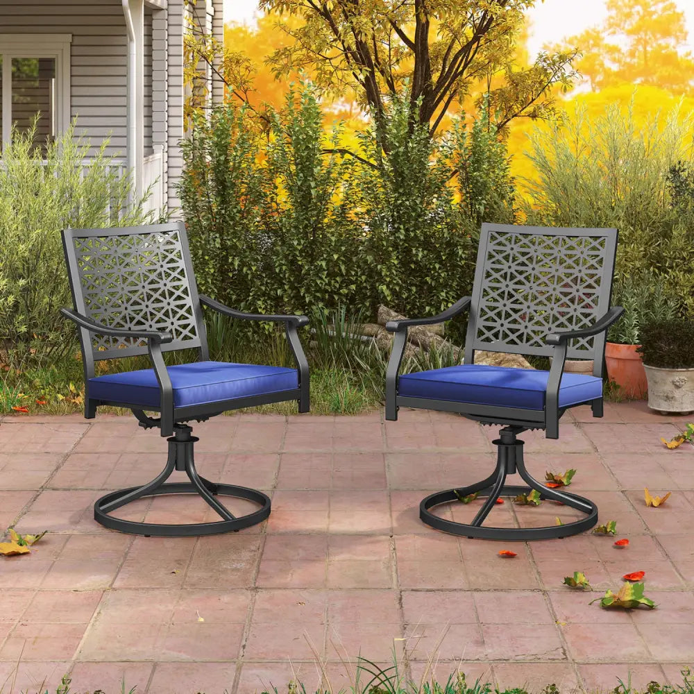 2 Pack Swivel Outdoor Chairs with Soft Cushions and Round Steel Base-Navy - Navy - Patio Dining Chairs