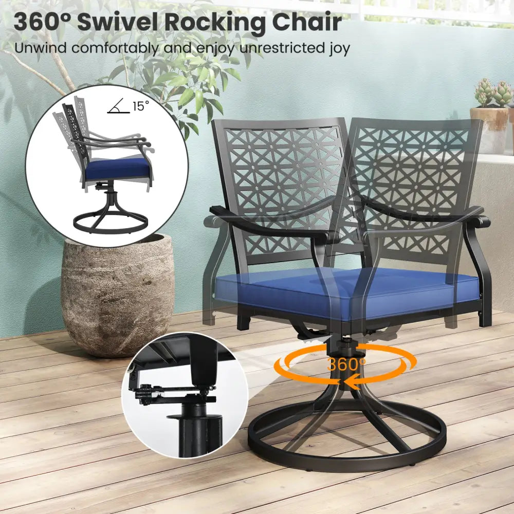 2 Pack Swivel Outdoor Chairs with Soft Cushions and Round Steel Base-Navy - Navy - Patio Dining Chairs