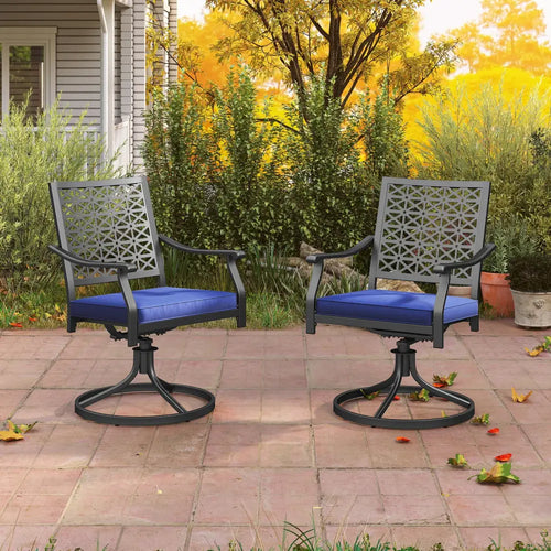 2 Pack Swivel Outdoor Chairs with Soft Cushions and Round Steel Base-Navy - Navy - Patio Dining Chairs