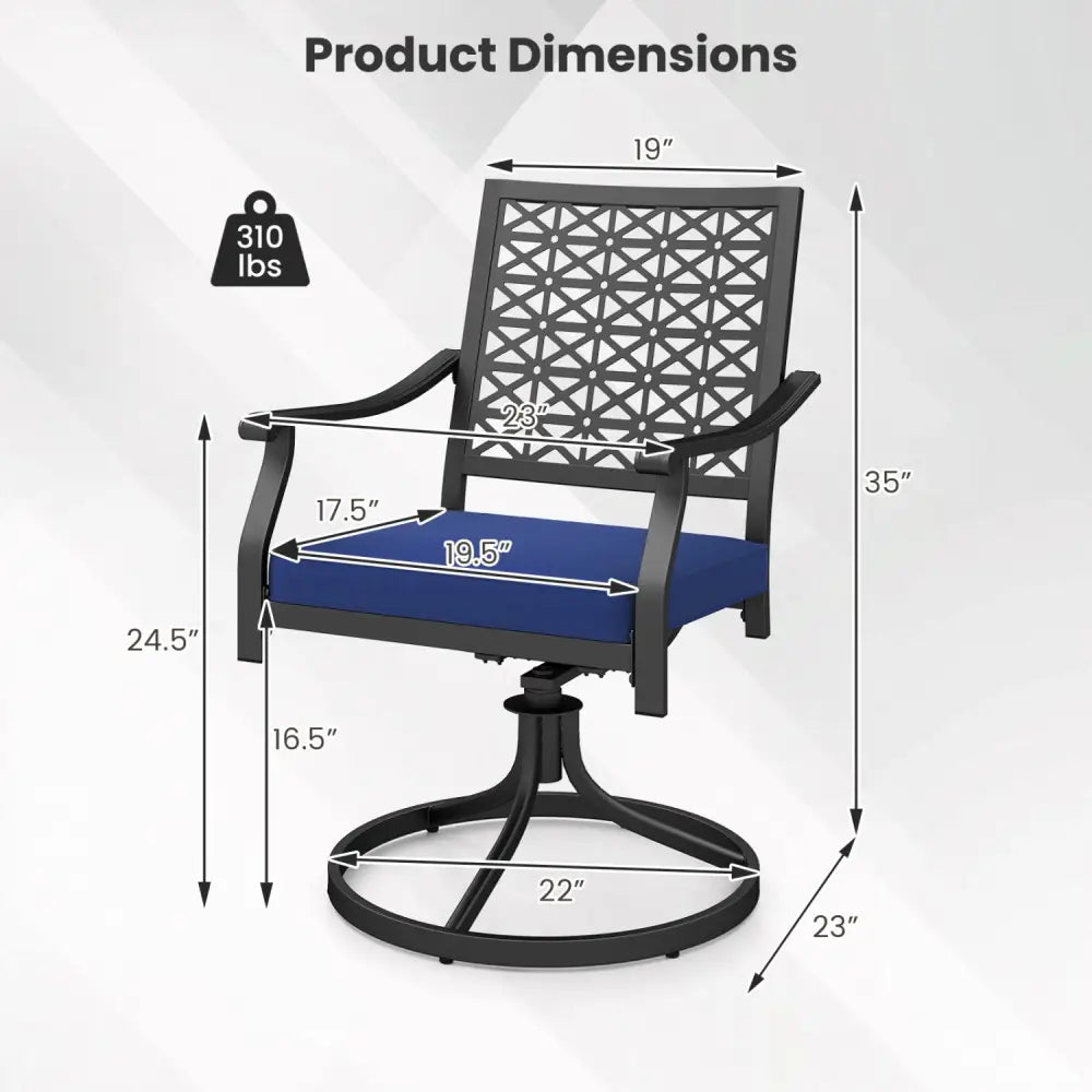 2 Pack Swivel Outdoor Chairs with Soft Cushions and Round Steel Base-Navy - Navy - Patio Dining Chairs