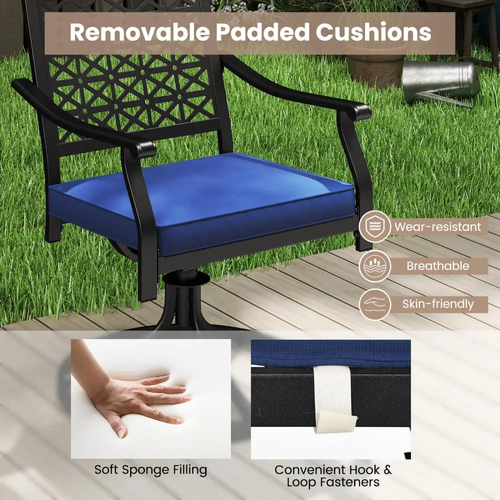2 Pack Swivel Outdoor Chairs with Soft Cushions and Round Steel Base-Navy - Navy - Patio Dining Chairs