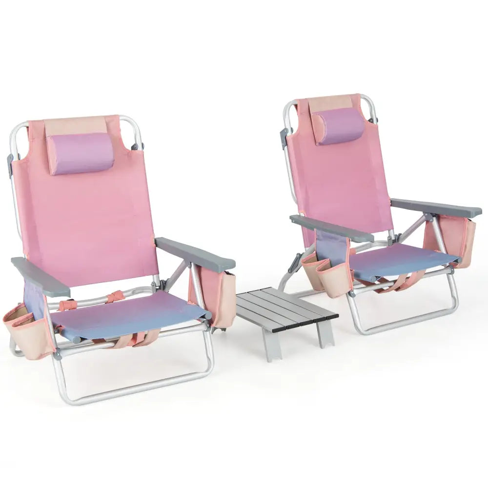 2 Packs 5-Position Outdoor Folding Backpack Beach Table Chair Reclining Chair Set-Pink - Light Pink - Beach & Lawn