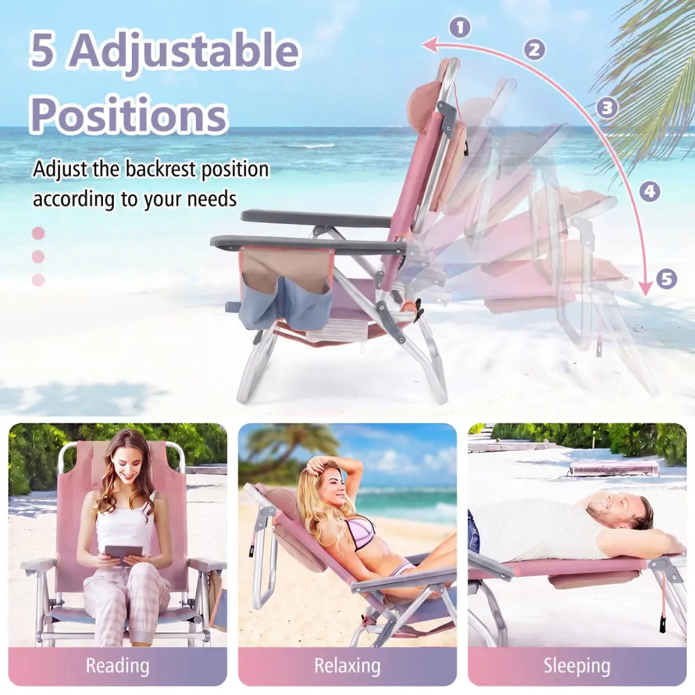 2 Packs 5-Position Outdoor Folding Backpack Beach Table Chair Reclining Chair Set-Pink - Pink - Beach & Lawn Chairs