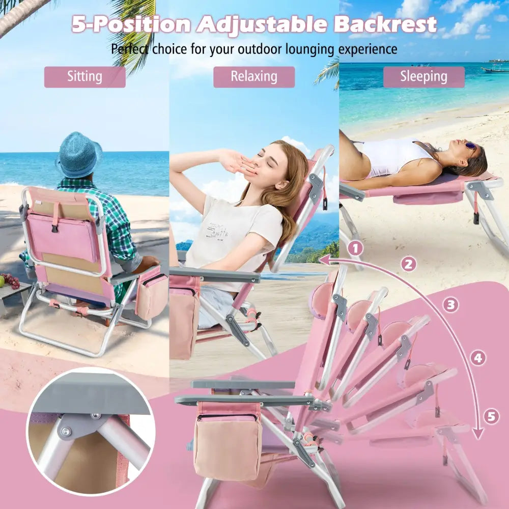 2 Packs 5-Position Outdoor Folding Backpack Beach Table Chair Reclining Chair Set-Pink - Light Pink - Beach & Lawn