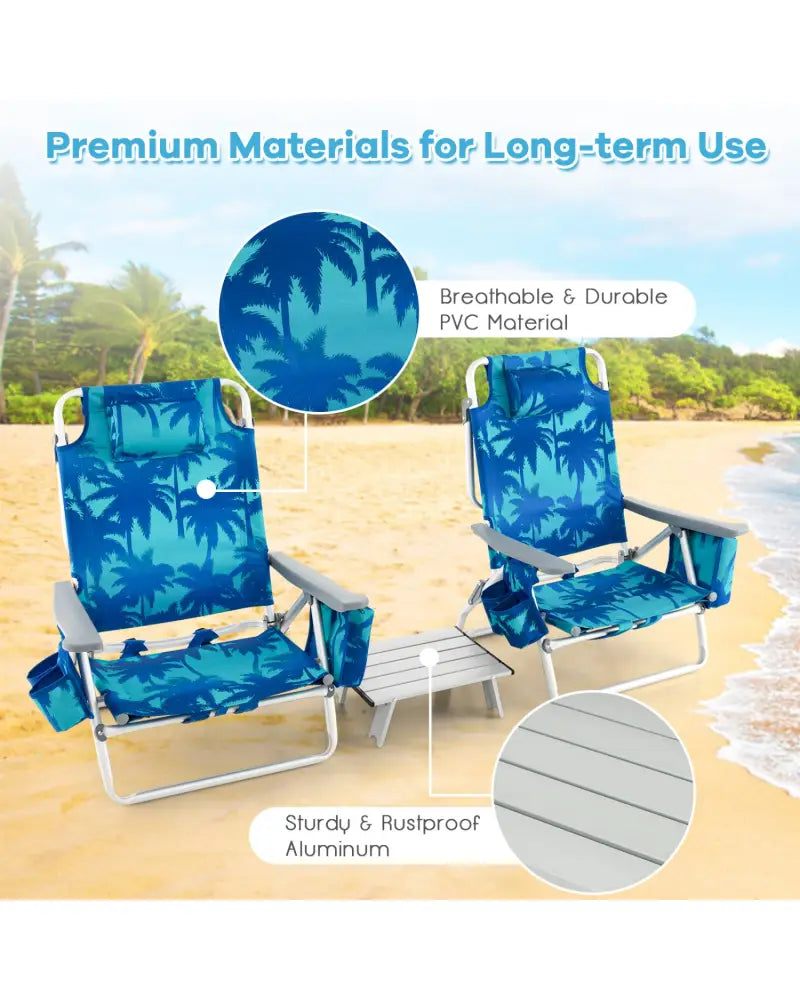 2 Packs 5-Position Outdoor Folding Backpack Beach Table Chair Reclining Chair Set-Navy - Navy - Beach & Lawn Chairs