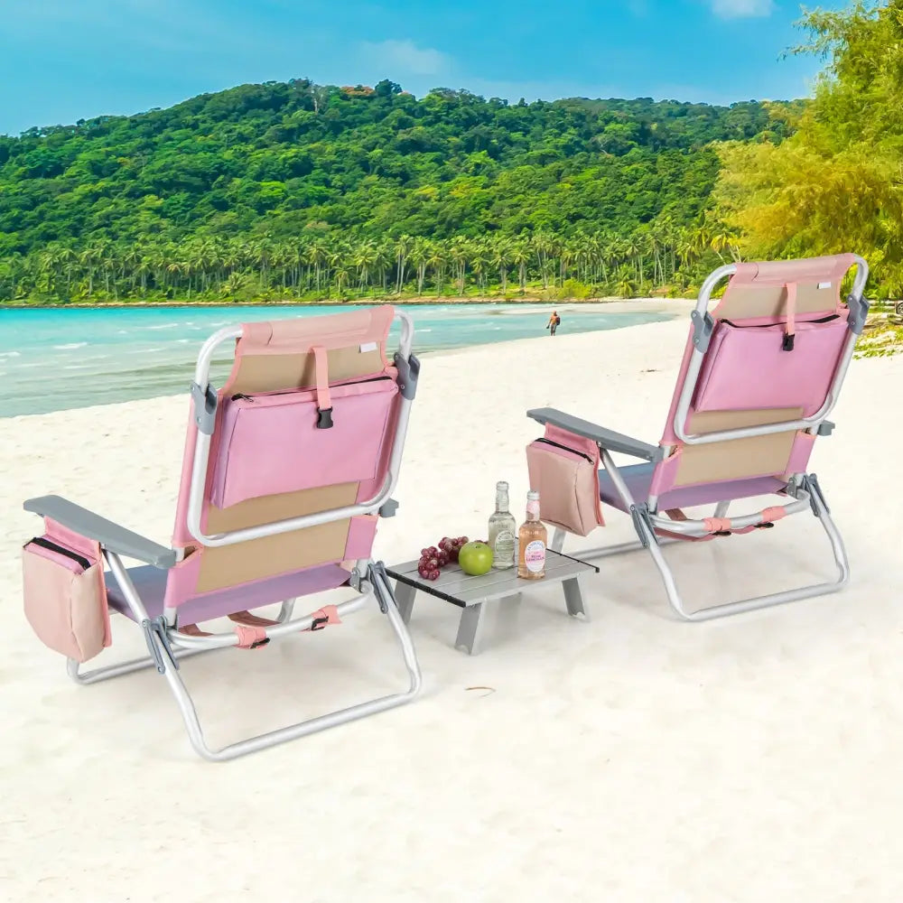 2 Packs 5-Position Outdoor Folding Backpack Beach Table Chair Reclining Chair Set-Pink - Light Pink - Beach & Lawn