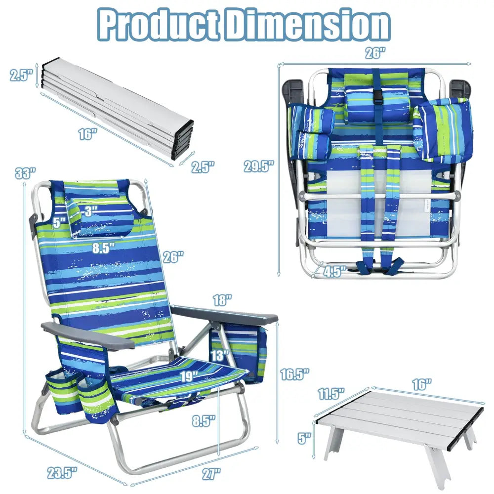2 Packs 5-Position Outdoor Folding Backpack Beach Table Chair Reclining Chair Set-Blue - Blue - Beach & Lawn Chairs
