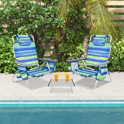 2 Packs 5-Position Outdoor Folding Backpack Beach Table Chair Reclining Chair Set-Blue - Blue - Beach & Lawn Chairs